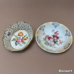 2 Vintage German Porcelain Reticulated Gold Trim Floral Scalloped Bowls Dresden